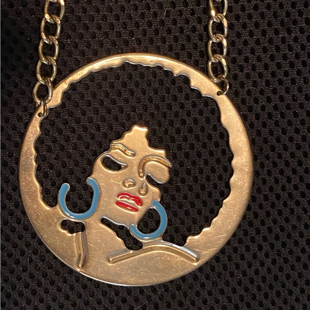 Gold and Blue Adjustable Length Afro Woman 2 7/8”Pendant Necklace